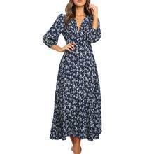 Tunic Women Dress Spring Autumn Stylish Printing Long Sleeves High Waist Chiffon V Neck Loose Elegant Maxi Dress 2022 2024 - buy cheap