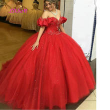 Vestido de quinceañera con cuentas de cristales de lujo rojo, vestido de baile de graduación sin hombros, vestido de fiesta de tul dulce 16 2024 - compra barato