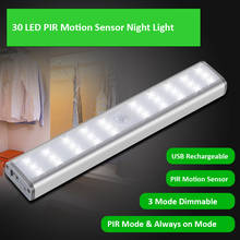 Sensor de luz noturna com 30 leds, sensor de movimento pir recarregável por usb com 3 modos de luz noturna para armário, guarda-roupa, cozinha 2024 - compre barato