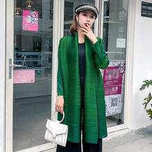 Miyake Pleated Spring Women Windbreaker Autumn Long Jacket Green Stripes Outer Wear High Fashion Trench Coats Aesthetic Clothing 2024 - buy cheap