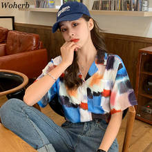 woherb Womens Tops and Blouses 2022 Streetwear tie dye plaid Womens Clothing Vintage Print Summer Loose short sleeve Blusas 2024 - buy cheap