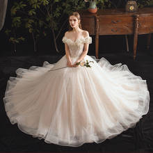 Main Wedding Dress 2020 New Bride Mori Super Fairy Fantasy Hepburn Star Sky Off The Shoulder Luxury Bling Tail Wedding Dress 2024 - buy cheap