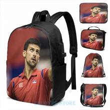 Impressão gráfica engraçada novak djokovic carga usb mochila masculino sacos de escola feminino saco de cosméticos viagem portátil 2024 - compre barato