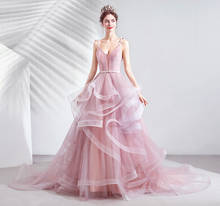 Beauty-Emily Sweet Sling Long Evening Dresses 2020 Ruffles V Neck Sexy Formal Gowns Pearls Crystal Bow Prom Dress Princess Dress 2024 - buy cheap