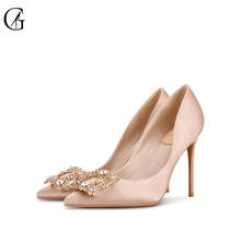 GOXEOU Women' Pumps Satin Rhinestone Jewelry Button Ponited Toe High Heels Wedding Party Fashion Office Lady Shoes Size 32-46 2024 - buy cheap