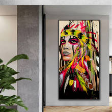 Colorful feather girl canvas painting native women wall art for living room poster printing wall decor picture no frame 2024 - buy cheap