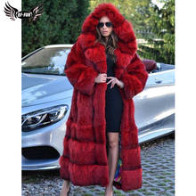 Bffaur inverno moda casacos de pele real para mulher 120cm de comprimento genuínos casacos de pele de raposa com capuz grosso casacos de pele quente mais tamanho 2024 - compre barato