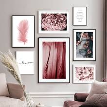 Pink Peony Flower Feather Quotes Nordic Posters And Prints Plant Wall Art Canvas Painting Wall Pictures For Living Room Decor 2024 - buy cheap