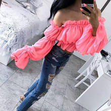 New Fashion Womens Chiffon Long Puff Sleeve Off Shoulder Crop Tops Blouses Loose Casual Blouse Lady Sexy Hot Sale Corp Top Shirt 2024 - buy cheap
