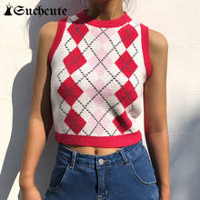 SUCHCUTE Preppy Style Argyle Plaid Sweater Vest For Women   O Neck Crop Knitted Vest Streetwear 2021 Spring Ladies Pullover 2024 - buy cheap