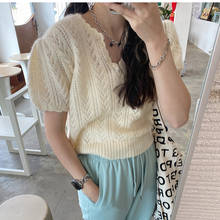 Puff Sleeve V-Neck Solid Short Top Women Korean Women'S Hollow Knit T-Shirt Fashion Sweet Sweater T-Shirts Woman Summer 2021 2024 - buy cheap