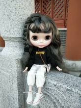 Blythes-vestido de muñeca de talla 1/6, conjunto de dos piezas con letra T negra + pantalón cargo de bolsillo coreano blanco y negro clásico 2024 - compra barato