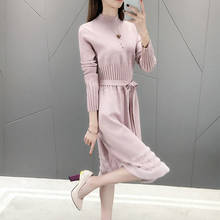 JMPRS Elegant Women Sweater Dress High Waist Autumn Winter Warm Long Sleeve Korean Slim Mid-calf Knitted Dress Belt Vestidos 2024 - buy cheap