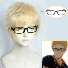 Anime haikyuu!! Peruca lisa para cosplay tsukishima, peruca curta dourada com óculos resistente ao calor, cabelo de fibra + boné de personagem, homem e mulher 2024 - compre barato