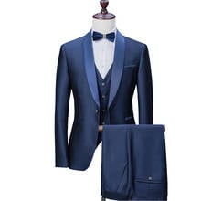 Navy Blue Mens Suits For Wedding Groom Tuxedos 3 Piece Slim Fit Men Prom Party Suit Ternos Masculino Jacket+Vest+Pants Customize 2024 - buy cheap