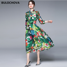 European Style Women Bow Collar Lantern Sleeve Chiffon Print Long Dress 2021 Spring Summer Ladies Big Size Runway Vestidos Mujer 2024 - buy cheap