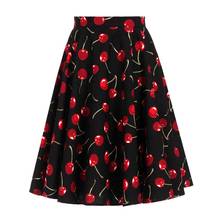 2021 Floral Cotton Midi Skirt Large Swing Black Cherry Print Retro Vintage Summer 40s 50s 60s Women Skirts 2024 - buy cheap