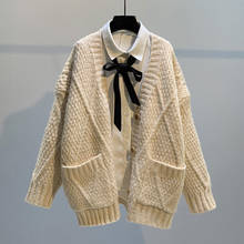 2021 Зимний новый вязаный женский свитер и кардиган с карманами, плотная теплая верхняя одежда с карманами, пальто, топы 2024 - купить недорого