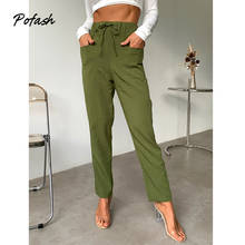 Pofash Solid Green Tie Waist Women Flat Autumn Long Pants Two Pockets Streetwear Loose Pants Female Casual Straight Pants 2021 2024 - buy cheap