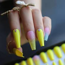 Роскошные сверхдлинные гвозди, УФ-накладные ногти с эффектом омбре, блестящие телесные желтые накладные ногти, накладные ногти для смешивания цветов, дизайнерские ногти 2024 - купить недорого