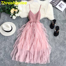 2021 Summer Women Sleeveless Sling Gauze Lace Tulle Dress  Tunic Basic Long Dresses Mesh Pink Black Sexy Vintage Dress Vestidos 2024 - buy cheap