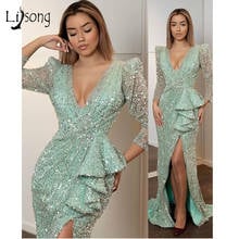 Sexy Mint green Sequined Prom Dresses High Side Split Formal Dress Full Sleeves Long Mermaid Prom Gown Abendkleider 2024 - buy cheap