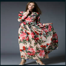 European fashion design 2020 new women's o-neck long sleeve print flower chiffon sweet sahses maxi long dress vestidos S M L XL 2024 - buy cheap