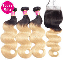 TODAY ONLY Blonde Body Wave Bundles With Closure Brazilian Hair Weave Bundles Ombre Human Hair Bundles With Closure Remy 1b/27 2024 - buy cheap