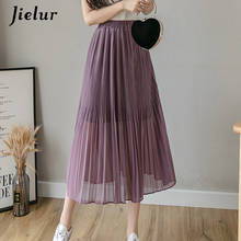 Jielur Chiffon Summer Pleated Skirt Women High Waist Retro Skirt Lady Elastic Waist Simple Loose Black White Skirts S-XL Korean 2024 - buy cheap