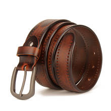 Cinturón de cuero genuino para hombre, correa de piel de vaca con hebilla de pin, color marrón, vintage, 3,4 cm de ancho 2024 - compra barato