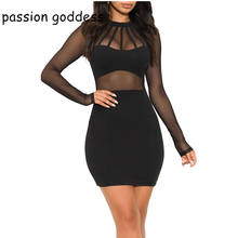 Novas mulheres de verão sexy malha perspectiva vestido 2020 senhoras manga longa oco para fora bodycon magro mini curto festa noturna vestidos 2024 - compre barato