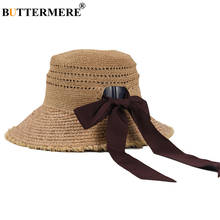 BUTTERMERE Straw Hat Bow Raffia Womens Sun Hat Wide Brim Bucket Cap High Quality Ladies Summer Beach Hat 2024 - buy cheap