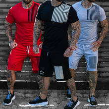 2021Men Trendy T-shirt suit Summer Casual Sports Line Mens Short-sleeved Suit Two Pieces Tracksuit Set Patchwork Sportswear Male 2024 - buy cheap