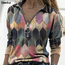 Женская блузка на пуговицах, Повседневная Осенняя блузка с отложным воротником, на молнии, с винтажным ромбовидным принтом, 2021 2024 - купить недорого