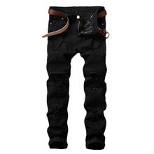 2019 модные мужские джинсы S-lim Fit, рваные джинсы с дырками, одноцветные обтягивающие прямые брюки, черные мужские брюки 2024 - купить недорого