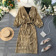 Spring Autumn New Women Dress Vintage High waist Long Sleeve V-Neck Gold Pleated Dresses Elegant A-line Party Dress Vestidos 2024 - buy cheap