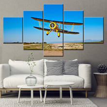 Pintura em tela avião amarelo voando no céu azul, 5 peças, arte de parede, pintura, papelão modular, pôster, decoração de casa, impressão 2024 - compre barato