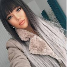 24inch Long Straight Black Silver Gray Ombre Wig Bangs For White Women Synthetic Wigs Natural Hair Peruca Pelucas 2024 - buy cheap