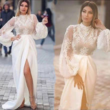 Gola alta árabe vestidos de noite rendas apliques ilusão mangas compridas vestidos de festa formal lado split dubai sexy vestido de baile 2024 - compre barato