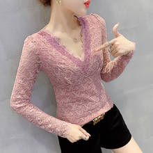 #5746 Pink Black Khaki Lace T Shirt With Sequins Sexy Tops Female V Neck Long Sleeve Tee Shirt Korean Style Streetwear Tee 2024 - buy cheap