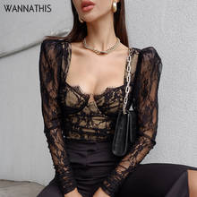 WannaThis-camisetas de manga larga con cuello en V para mujer, blusa Sexy de malla transparente de retales, Top corto de encaje elegante negro, otoño 2020 2024 - compra barato