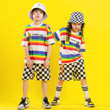 Crianças roupas de hip hop listrado oversized t camisa superior xadrez verão correndo shorts para a menina menino jazz dança traje roupas vestir 2024 - compre barato