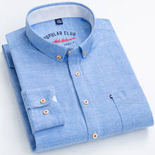Рубашка мужская хлопковая с длинными рукавами, Повседневная Свободная деловая Классическая, однотонная блуза с воротником на пуговицах, синяя белая 2024 - купить недорого