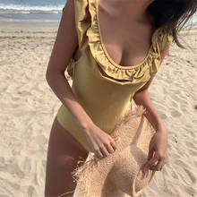 Maiô feminino de uma peça com babado, sexy, traje de banho sólido, costas abertas, monokini, push up, costas abertas, dourado 2024 - compre barato