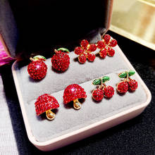 Cute Female Cherry Flower Mushroom Earring Yellow Gold Color Wedding Jewelry Charm Red Crystal Stud Earrings For Women 2024 - buy cheap