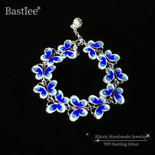 Blue Butterfly 999 Sterling Silver Bracelets For Women Cloisonne Enamel Bracelet Femme Luxury Jewelry Vintage Charm pulseiras 2024 - buy cheap