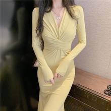 Elegant French Style Dress Women Solid Full V-Neck Slim Sexy Casual Chiffon Designer Korean Style Chic New 2020 Women's Autumn 2024 - buy cheap