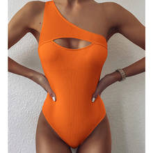 Maiô vintage feminino de um ombro, traje de banho com tecido canelado, laranja, moda praia, 2020 2024 - compre barato