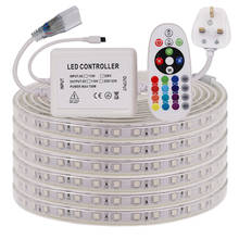 Faixa de luz led rgb smd5050, 220v, com controle remoto, 60leds/m, flexível, à prova d'água, ip67, para ambientes externos e comerciais