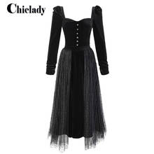 Chiclady vestido gótico de malha, vestido feminino retrô vintage preto com glitter, manga longa com botões para festa e jantar 2024 - compre barato